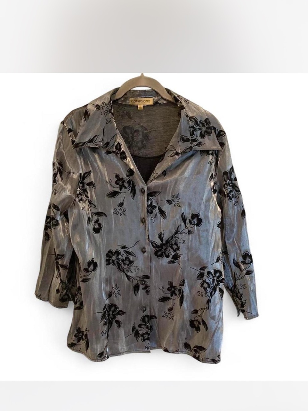 Notations Silver Shimmer Button-Down with Black Floral Motif size XL